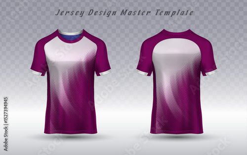 A stylish sports jersey in vibrant purple with a clean white top panel and a subtle halftone dot pattern, creating a modern and athletic aesthetic. Perfect for custom team apparel.

