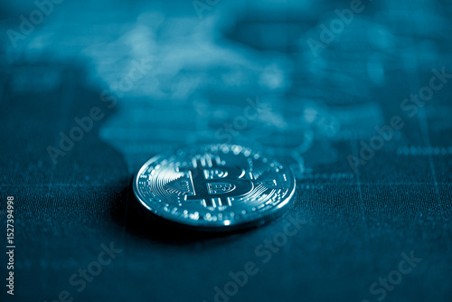 close up of Bitcoin money mining connect Internet Network 