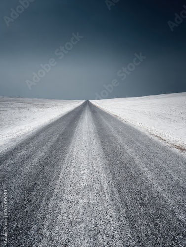 A straight road in the middle of magnificent sand dunes, dramatic photo, simple line drawing, symmetrical composition, at dusk, master of landscape photography, film emulsion fading effect