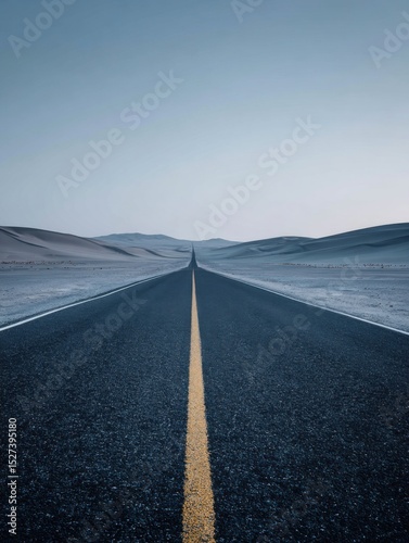 A straight road in the middle of magnificent sand dunes, dramatic photo, simple line drawing, symmetrical composition, at dusk, master of landscape photography, film emulsion fading effect