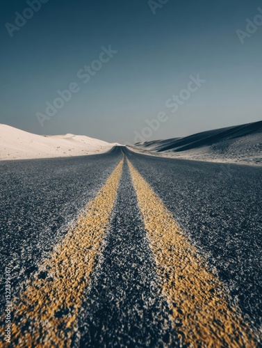 A straight road in the middle of magnificent sand dunes, dramatic photo, simple line drawing, symmetrical composition, at dusk, master of landscape photography, film emulsion fading effect