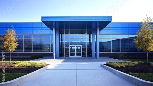 Blue-toned image of a modern office building entrance, showcasing sleek and contemporary architectural design