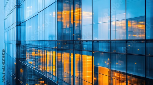 Blue-toned modern office building with reflective glass facade capturing cityscape details and lighting