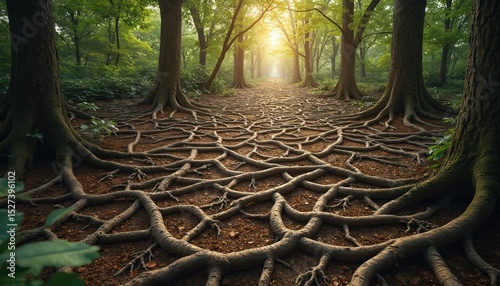 Forest path, exposed roots spread, intertwine. Mature trees, green leaves, light. Symbolic representation of connection, network, life, unseen bonds. Spirituality, nature, eco, peace, balance.