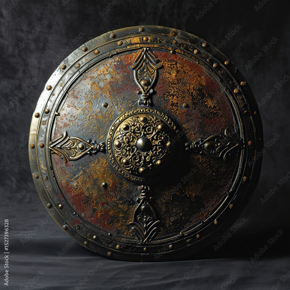 Naklejka premium An antique, weathered shield with intricate metal detailing and a circular design rests on a dark surface.