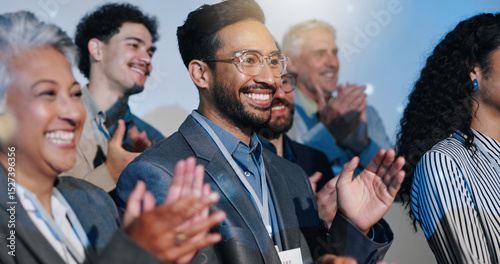 Applause, celebration and business people with forum for achievement, victory and goal. Clapping hands, presentation and audience of workers at thank you conference or good job meeting in workplace