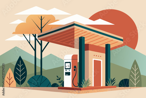 Create a minimalist flat vector illustration of a public charging kiosk for electric vehicles, showing a sleek design with charging ports.