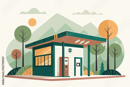 Create a minimalist flat vector illustration of a charging kiosk situated in a modern public space.  Focus on clean lines and simple shapes.