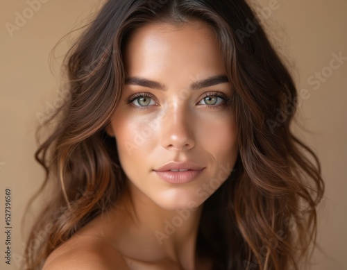 Close-up portrait young woman with wavy brown hair natural makeup. Female model face with green eyes. Clear skin and delicate features show beauty and elegance.