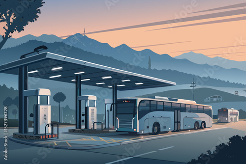 Vector illustration of a sleek, modern electric bus charging station at sunrise, showcasing clean energy technology.
