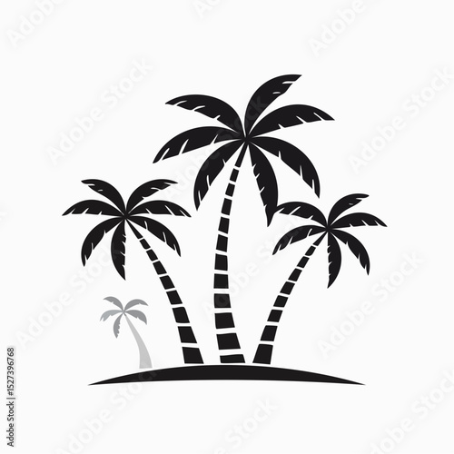 A stylized vector illustration featuring three large and one small palm trees silhouetted against a clean white background, creating a minimalist tropical scene.