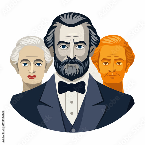 A vector illustration of three historical figures, a central man with a beard and bow tie with two other figures on each side.