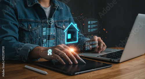 Person using tablet and laptop with house icon and checklist overlay for real estate or home inspection business.selling ,purchasing,agreement 