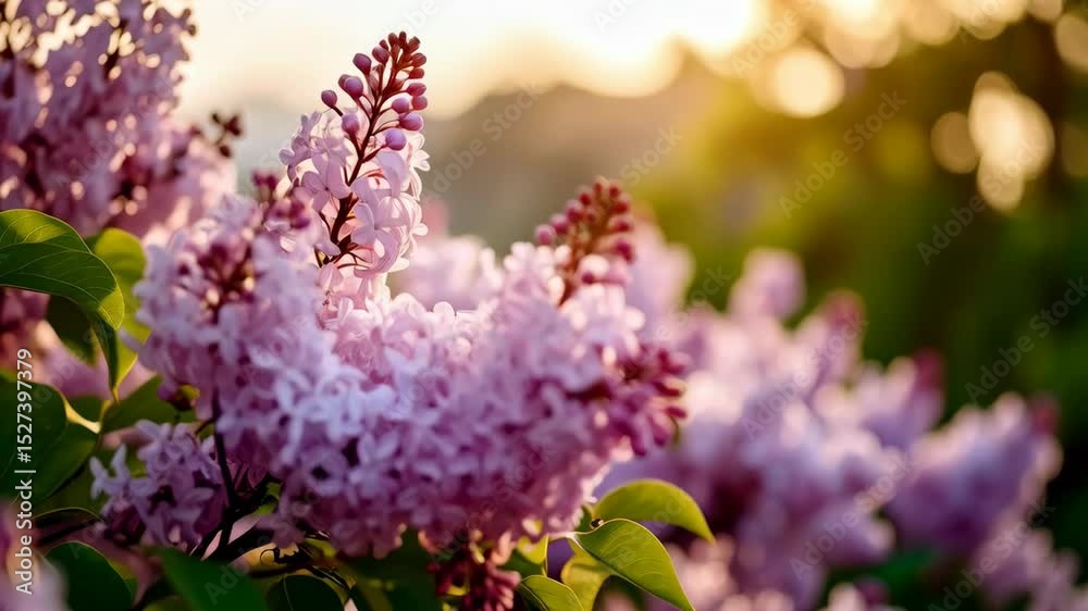 Close-up shot of fragrant lilac blossoms in full bloom illuminated by soft golden sunlight within a garden setting during springtime.