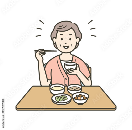 健康的な食事をする半袖の服を着た笑顔の高齢女性のイラスト