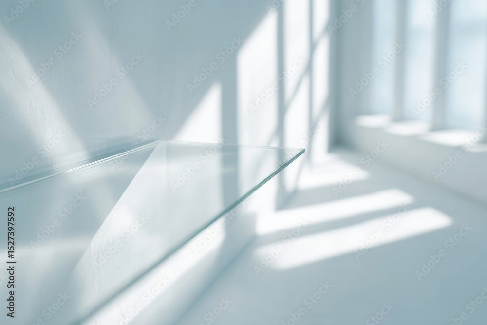 Obraz premium ultrabright sunlight reflecting off sleek glass shelf creating mesmerizing patterns and glimmers
