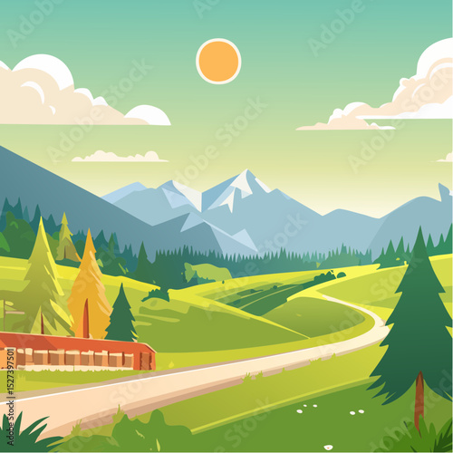 A vibrant vector illustration showcasing a picturesque mountain landscape with winding road, trees, and a bright sun in the clear sky.