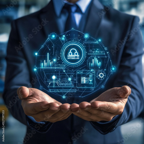 Businessman holds Industry 4.0 network connecting icon representing automation, data exchange systems, smart manufacturing, artificial intelligence, big data analytics, and IoT-enabled solutions.