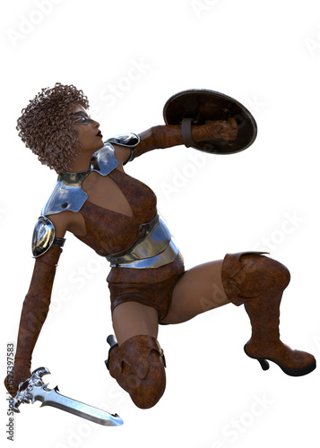 3D render of a powerful curly-haired dark skinned warrior woman in armor, holding a sword and shield. Fierce female fighter, combat pose, tribal face paint, leather boots, and medieval weapons.