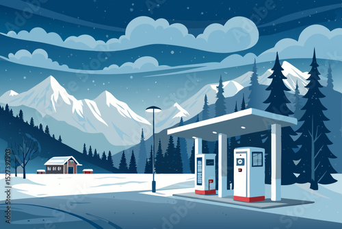A rugged, solar-powered off-grid charging station nestled amidst a snowy mountain range, showcasing sustainable technology in a remote winter landscape.