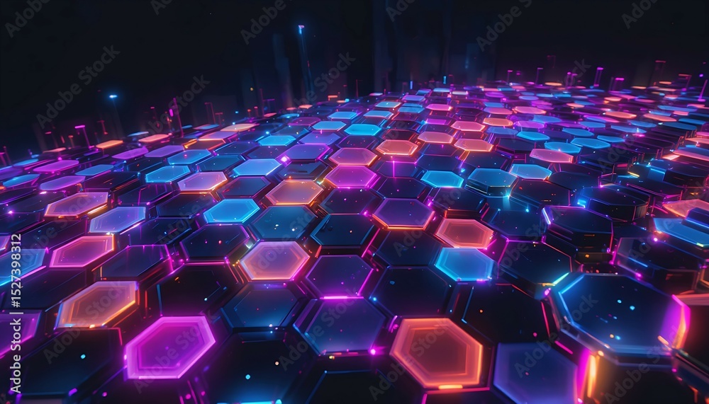 Obraz premium Neon Hexagon Grid: Futuristic Cyberpunk Background for Tech, Gaming, and Abstract Designs
