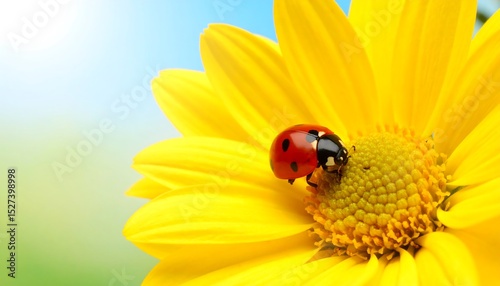 Red Ladybug on Yellow Daisy Flower in Sunlight
