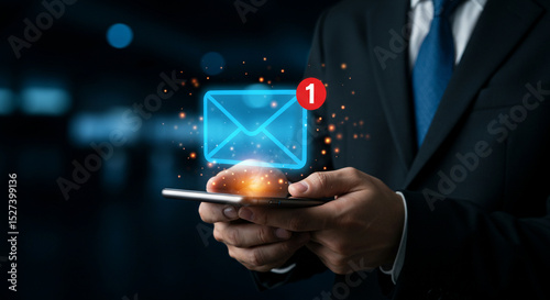 Wallpaper Mural Man in suit holding phone with glowing email icon and notification badge above the device screen business.selling ,purchasing,agreement  Torontodigital.ca