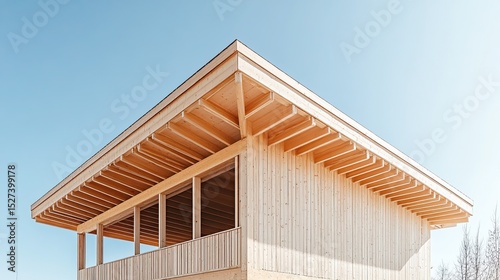 Construction of a wooden frame house with a pitched roof under a clear blue sky, symbolizing home development.