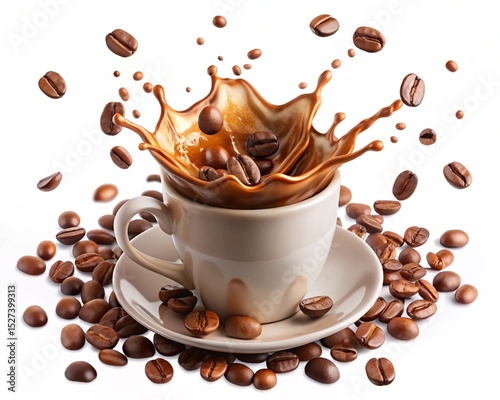 Coffee Splash with Roasted Beans Overflowing from a white Ceramic Cup