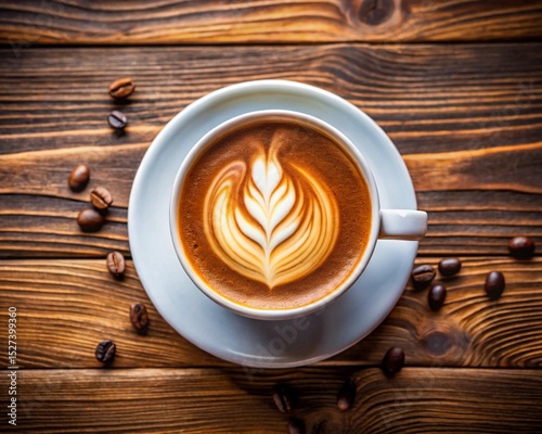 cappuccino Coffee Cup with Latte Art and Coffee Beans on Wooden Background