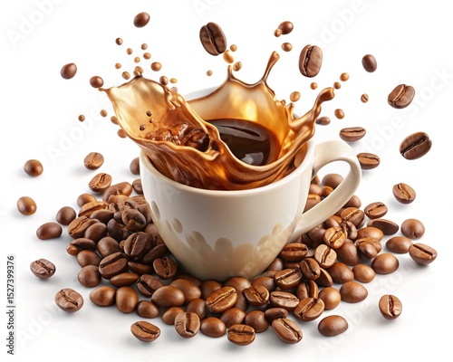 Dynamic Coffee Splash with Roasted Beans Overflowing from a Ceramic Cup
