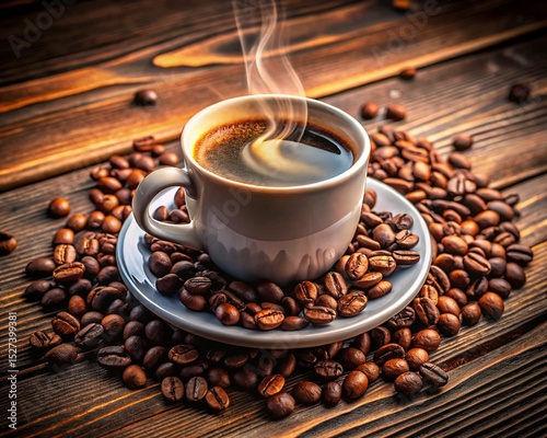 cup of  hot coffee with beans top view