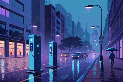 A rain-slicked city street at night, featuring a vibrant, glowing electric vehicle charging station; neon signs reflect in the wet pavement.