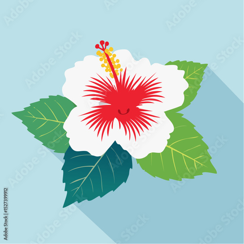 Vector illustration of a cheerful white hibiscus flower with a red center, yellow stamens, and green leaves on a soft blue background.