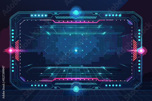 Create a futuristic, holographic sci-fi interface border with vibrant, glowing blue and purple edges.  The design should be sleek and technologically advanced.