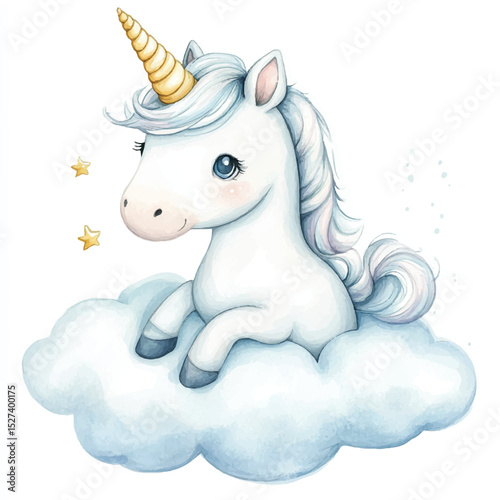 Watercolor Unicorn Sitting on a Cloud Illustration