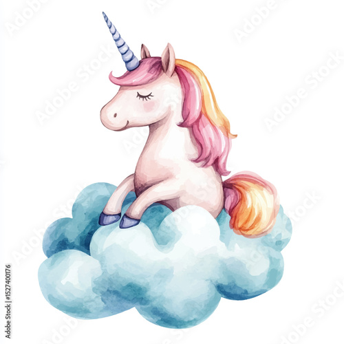Watercolor Unicorn Sitting on a Cloud Illustration