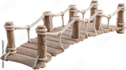 Decorative wooden bridge with nautical rope railing.  A miniature wooden bridge with light brown planks and a cream-colored rope railing.  Wooden posts support the rope