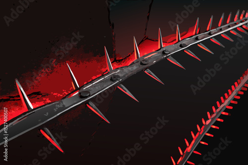 Dark background featuring a sharp, metallic border studded with spikes, illuminated by intense red lighting.  High contrast, detailed texture.