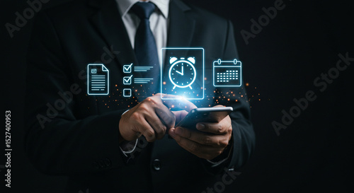 A person in a suit using a smartphone with floating icons of a clock, calendar, checklist and document business.selling ,purchasing,agreement 