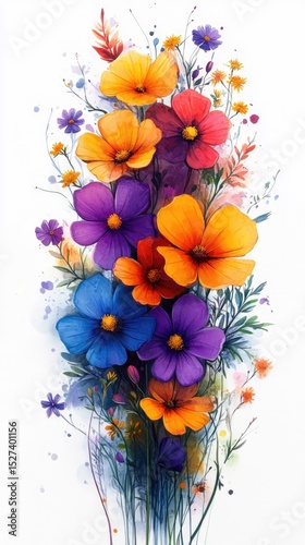 A vibrant bouquet of flowers featuring orange, purple, and blue blossoms with green leaves. The arrangement showcases various floral shapes and colors.