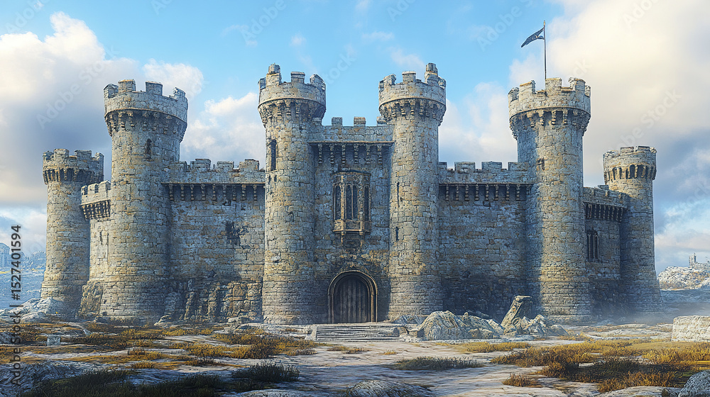 Fototapeta premium majestic medieval castle stands tall against clear blue sky, showcasing its impressive