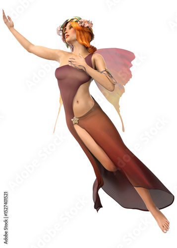 3D illustration of a fairy woman with red hair, pink butterfly wings, and floral crown, wearing flowing dress. Magical fantasy woman in a graceful pose, ideal for fairy tale and mythical themes.