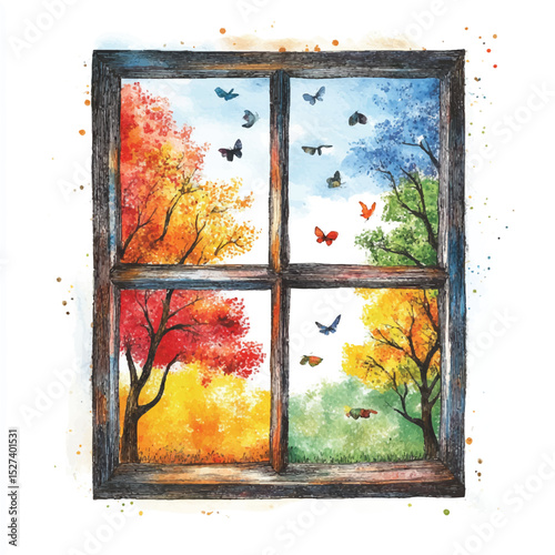 Watercolor Cozy Window with Nature View Illustration