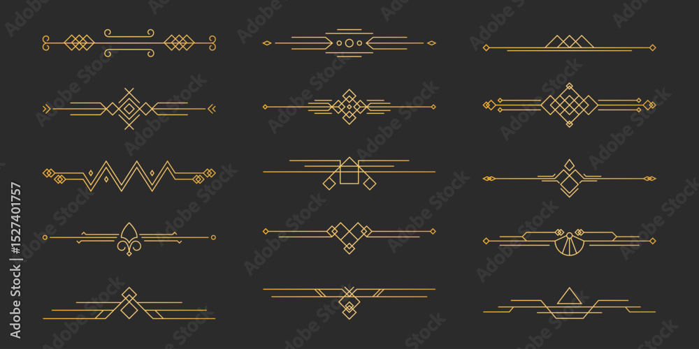 Art deco divider line collection - golden geometric ornamental borders on black background, vintage decorative elements, elegant separator design for luxury retro style text frames and page decoration