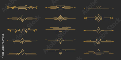 Art deco divider line collection - golden geometric ornamental borders on black background, vintage decorative elements, elegant separator design for luxury retro style text frames and page decoration