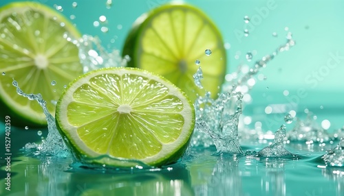 Lime slices splash with water, fresh fruit in motion. Vitamin C, healthy food eco concept. Drops, bubbles in turquoise water background. Refreshing detox drink advertisement.