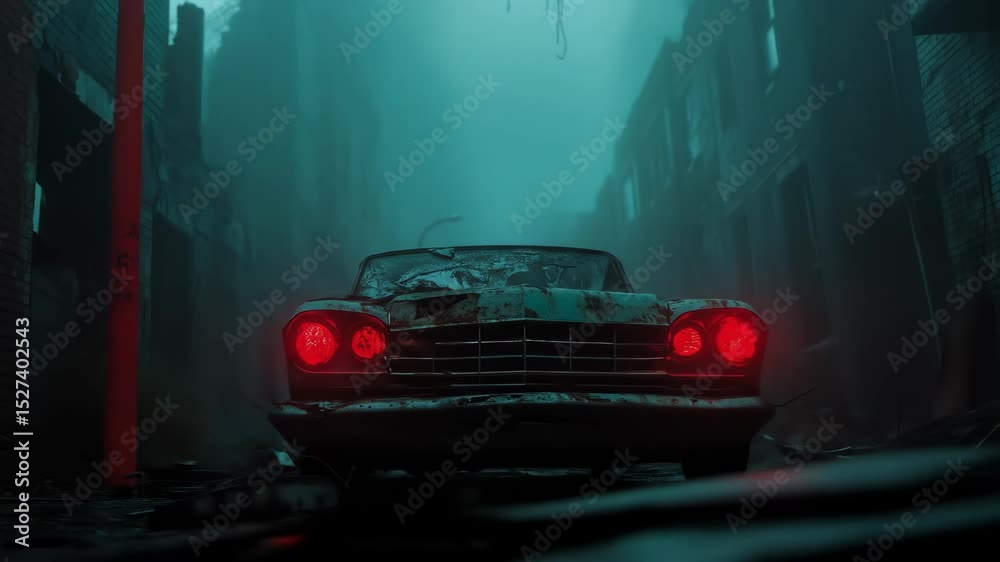 Abandoned car with glowing red headlights in a dark alley.