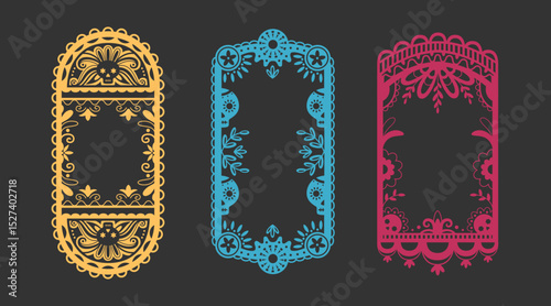 Mexican papel picado frame designs - ornate border cutouts with skull motifs, floral patterns and decorative edges in yellow, blue and pink colors. Traditional fiesta banners for Dia de los Muertos.
