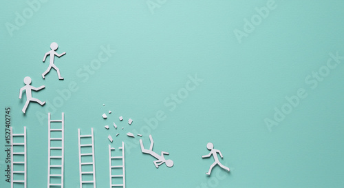 Paper cutouts showing people climbing ladders with one falling on a light blue background concept art business.selling ,purchasing,agreement 